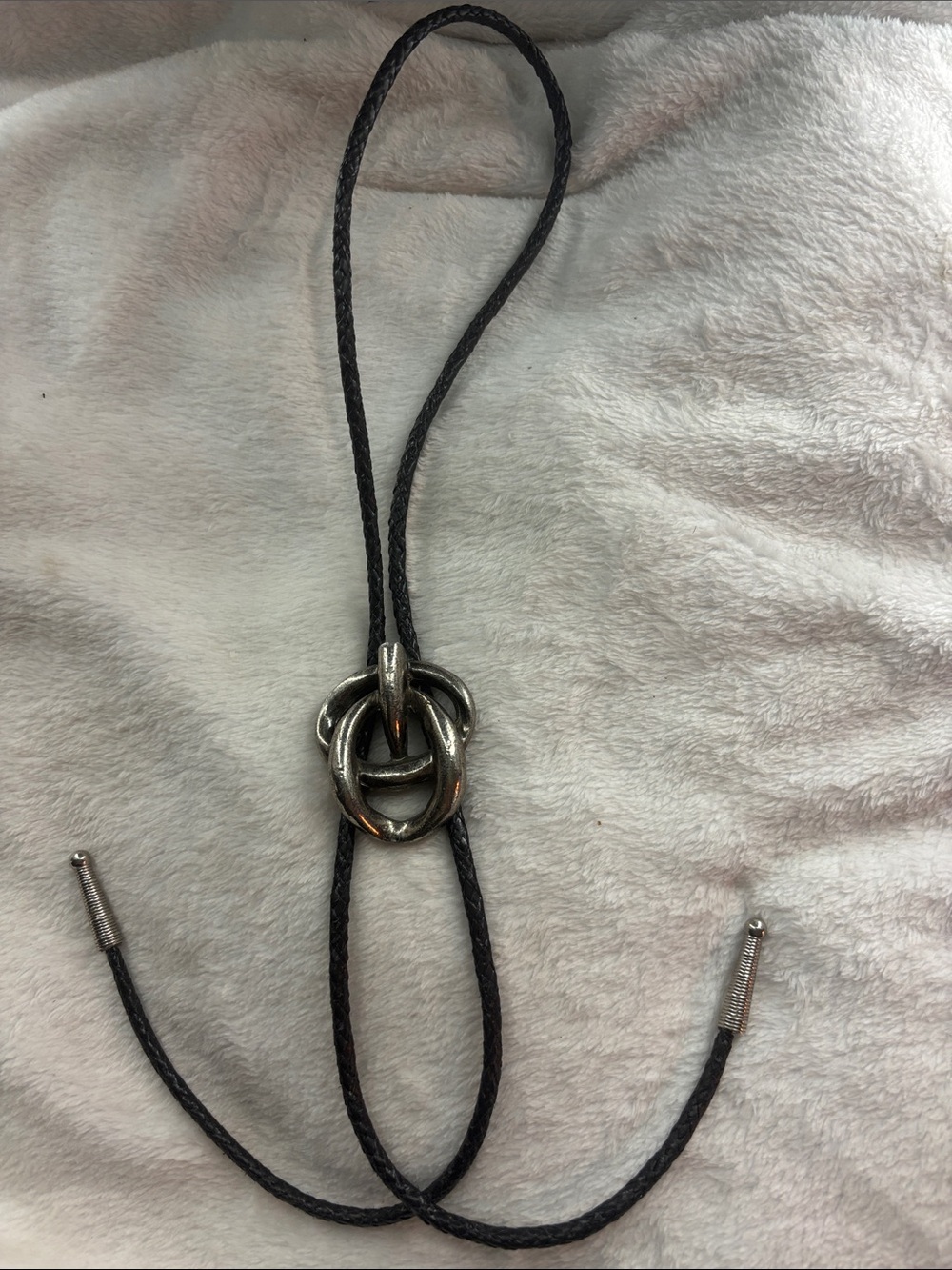 Black Braided Leather Bolo Tie with Silver Knot Accent